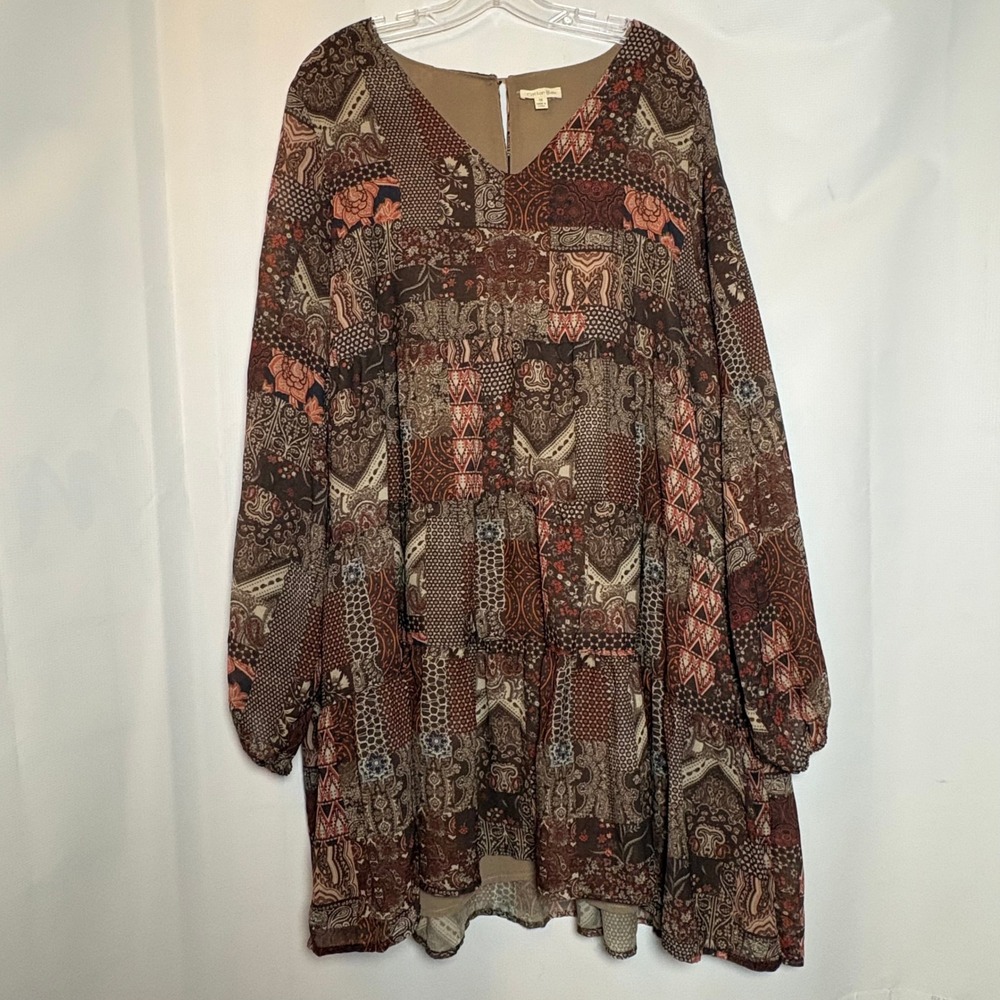 Cotton Bleu 1X Brown Patchwork Tiered V-Neck Long Sleeve Chiffon Mini Dress Boho